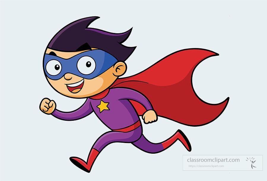 fun cartoon superhero boy wearing a purple suit red cape and blue mask running with a big smile perfect for kids activities and comics