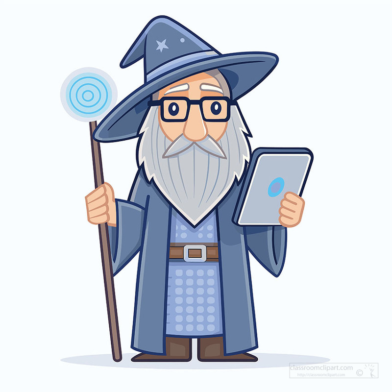 fantasy wizard character using a tablet while holding a glowing magic staff