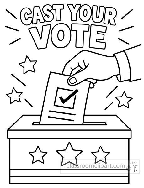 Cast your vote coloring page with hand placing checked ballot into a star decorated ballot box