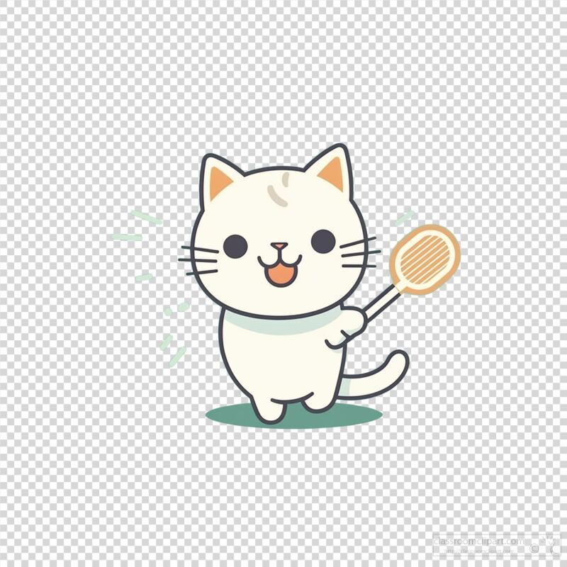 A white cat joyfully holds a badminton racket, showcasing its playful spirit while engaging in an entertaining game. The scene is cheerful and lighthearted.