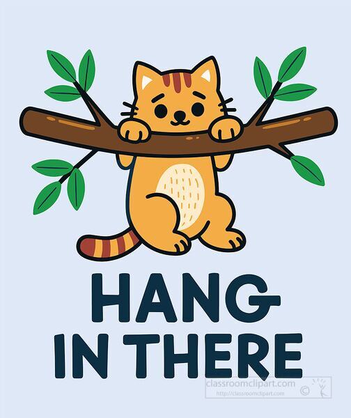 adorable flat vector of a cat hanging on a tree branch with the words hang in there perfect for motivational or cute decor themes