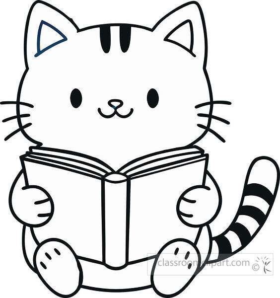 Black outline cat sitting and holding an open book