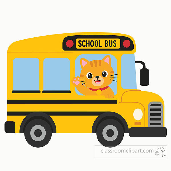 A smiling orange cat waves from the window of a yellow school bus with black wheels and blue windows
