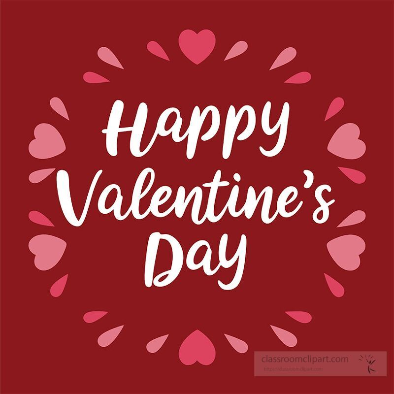 Colorful clip art design featuring the phrase Happy Valentines Day surrounded by hearts on a festive dark red backdrop perfect for cards and decorations during the holiday