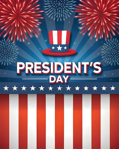 Fireworks illuminate the night sky above a festive design with a patriotic hat for Presidents Day