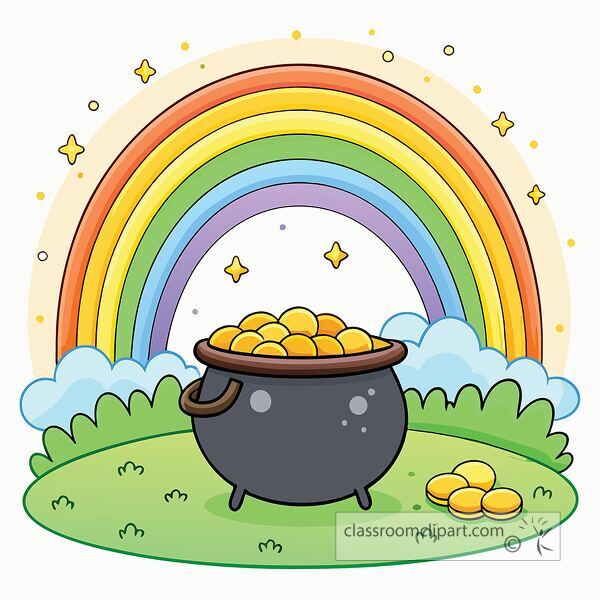 A colorful pot of gold sits under a vibrant rainbow perfect for St Patricks Day