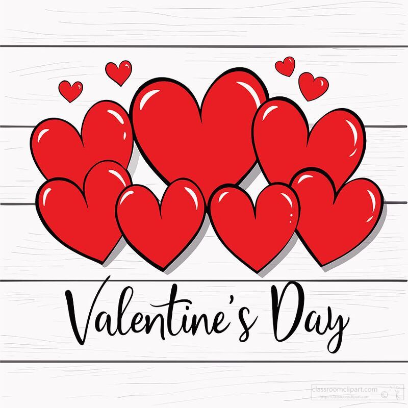 Red hearts of various sizes are playfully arranged above beautiful lettering that celebrates Valentines Day. This evokes a joyful spirit of love and togetherness perfect for the occasion.