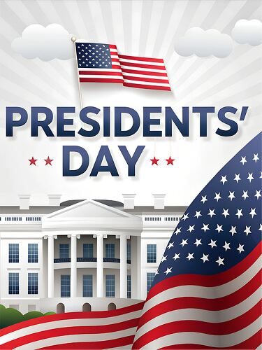 Celebration of Presidents Day with a view of the White House and a waving American flag honoring the nations leaders