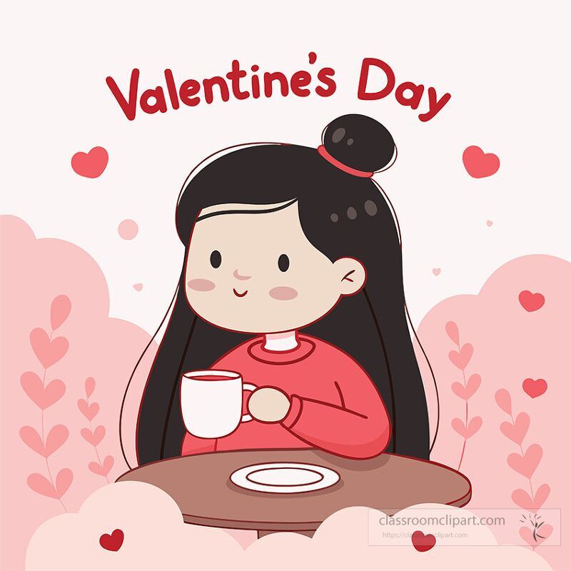 A cheerful girl sits at a table enjoying a warm drink Surrounding her are soft colors and hearts capturing the joyful spirit of Valentines Day