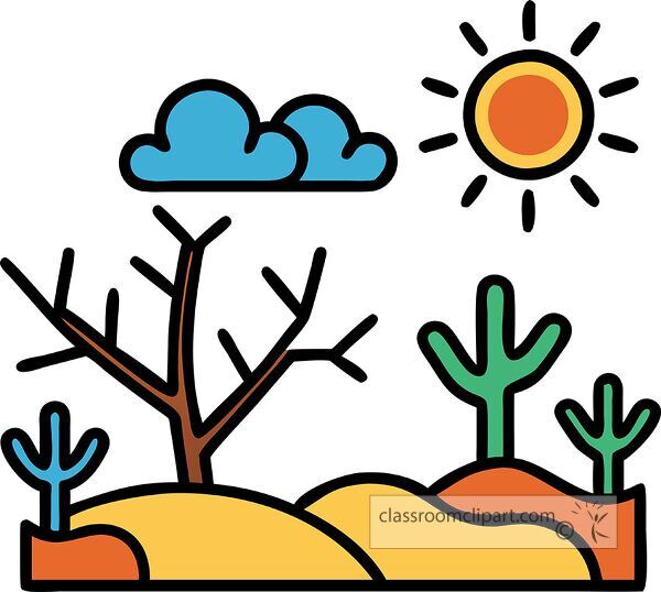 A colorful illustration of a desert landscape featuring a bright sun, clouds, a barren tree, and cacti. The scene is stylized with bold outlines and vibrant colors.