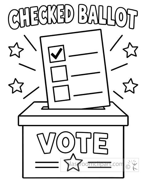 Checked ballot coloring page with voting paper entering a vote box and star details around the scene