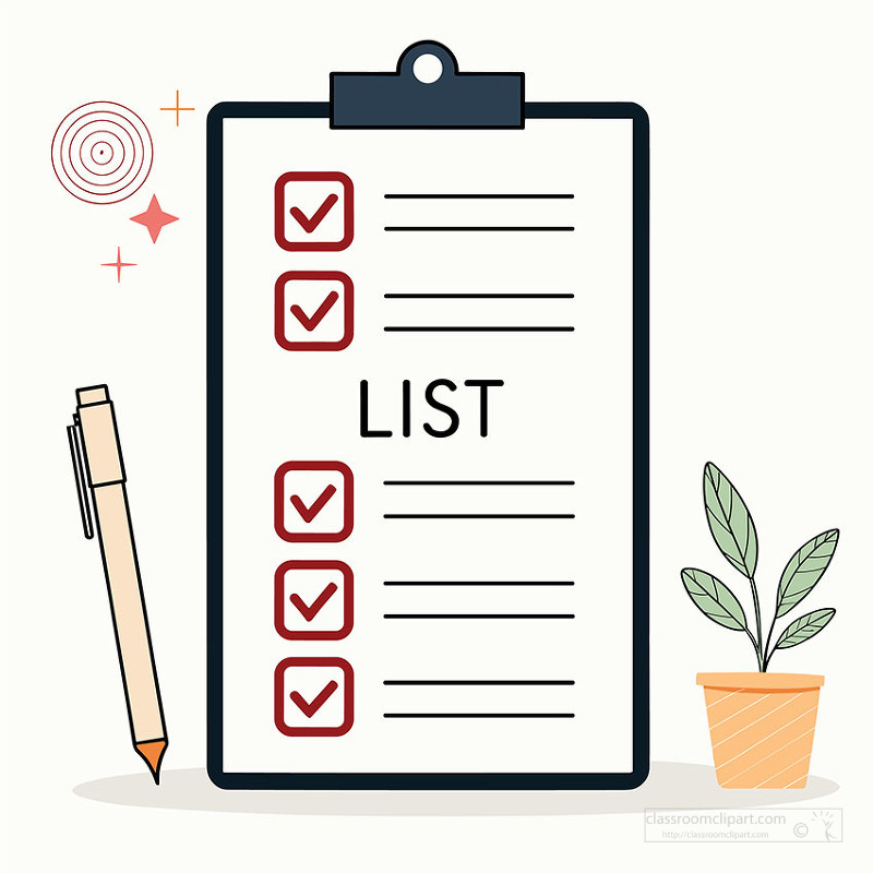 Task list on clipboard showing completed items with check marks and pen