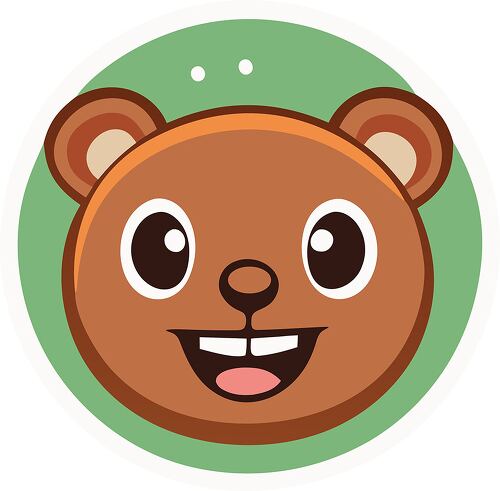 A cartoon bear face with a friendly smile and round ears