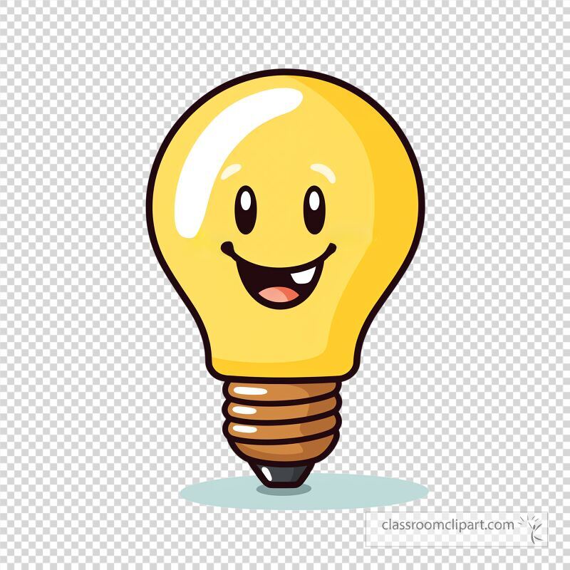 This cartoon depicts a cheerful yellow lightbulb with a friendly smile The lightbulb is round and shiny showcasing a playful design that adds fun to any creative project