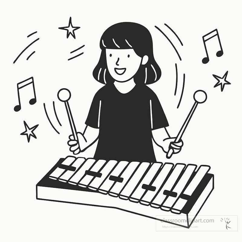 A joyful child plays a xylophone using two mallets amidst a lively atmosphere filled with musical notes and stars The child expresses delight and enthusiasm while making music