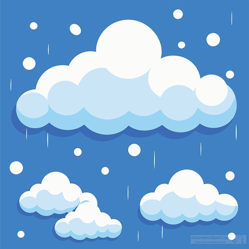 A bright blue background featuring various fluffy white clouds with raindrops falling from them, creating a cheerful and playful weather scene.