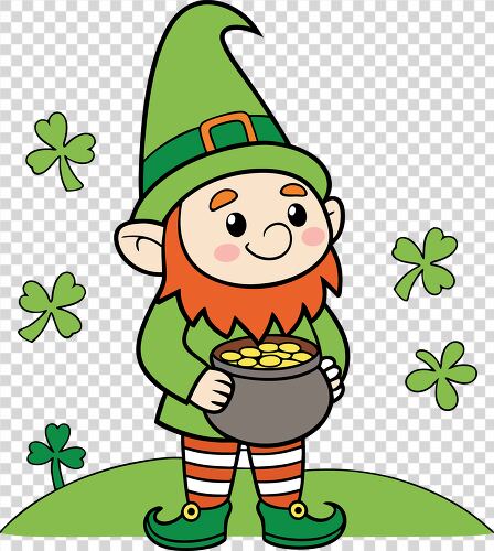 A playful gnome holds a pot filled with gold coins and smiles