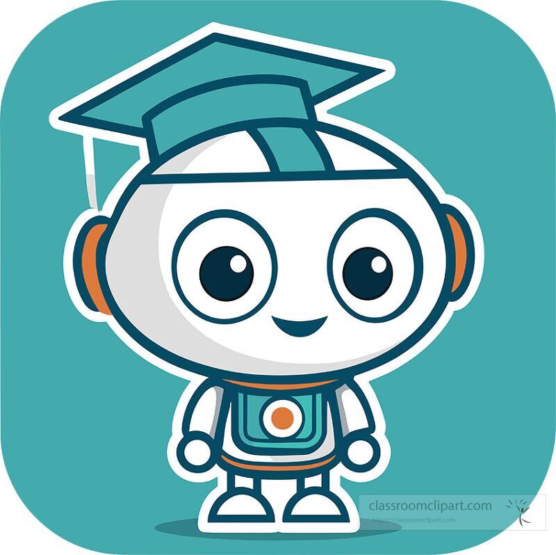 A friendly robot character wearing a graduation cap smiles brightly The robot is designed in a playful style perfect for educational themes or childrens materials