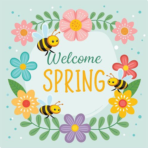 Bright and colorful clipart of spring flowers and playful bees buzzing