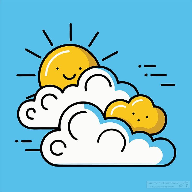 A cheerful sun peeking out from behind fluffy white clouds against a bright blue background. The sun has a smiling face, adding a playful touch to the scene.