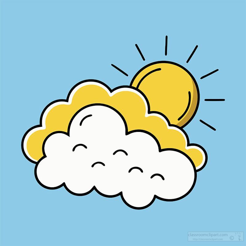 A cheerful illustration of a sun peeking out from behind fluffy clouds against a light blue background. The sun is bright yellow with rays extending outward, while the clouds are white with a cartoonish style.