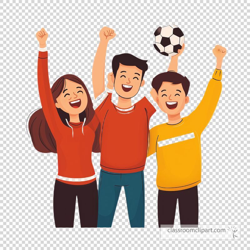 Three enthusiastic parents celebrate as they cheer for their children during a sports event Their joyful expressions and raised hands show their pride and excitement for the game