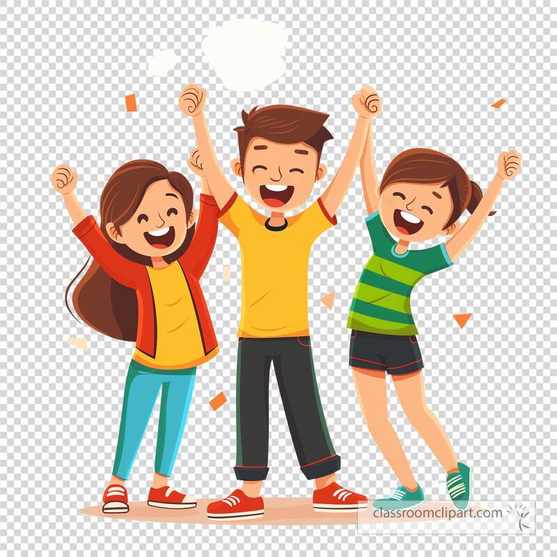 Three children celebrate with raised arms and big smiles during a fun event. Their excitement radiates as colorful confetti surrounds them capturing the joy of the moment.