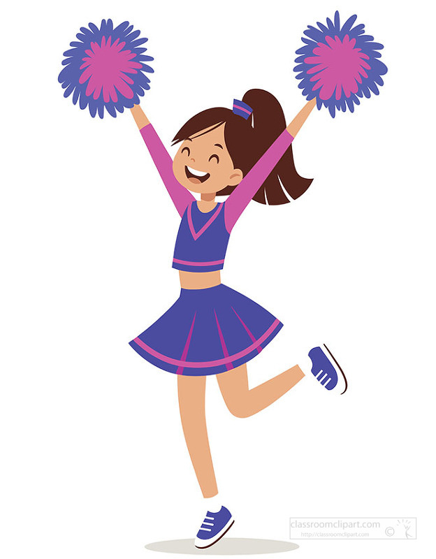 Happy cheerleader girl in uniform jumping with raised pom poms and smiling face
