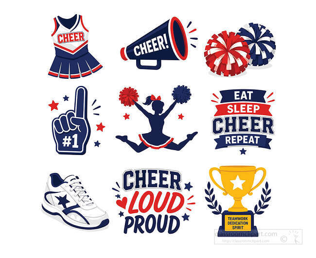 Cheerleading icon set with uniform megaphone pom poms foam finger cheerleader shoe trophy and team lettering