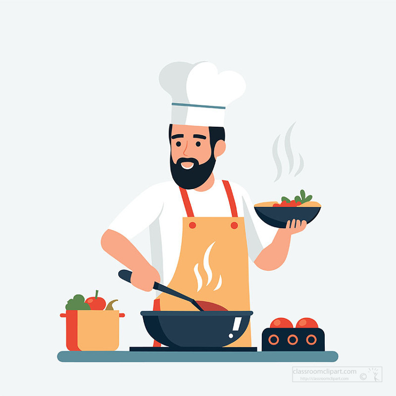 Bearded chef cooking in kitchen with pan and vegetables Modern flat illustration style