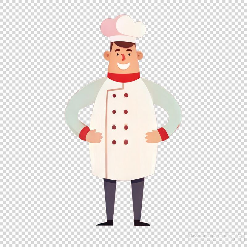 A cheerful chef stands confidently with hands on hips. Dressed in a traditional white coat and chef hat, he displays a welcoming demeanor in a lively kitchen environment.