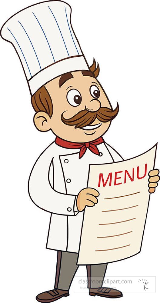 A cheerful chef stands with a menu in hand ready to present a variety of culinary delights The chef wears a traditional white uniform and a tall hat emphasizing a welcoming atmosphere