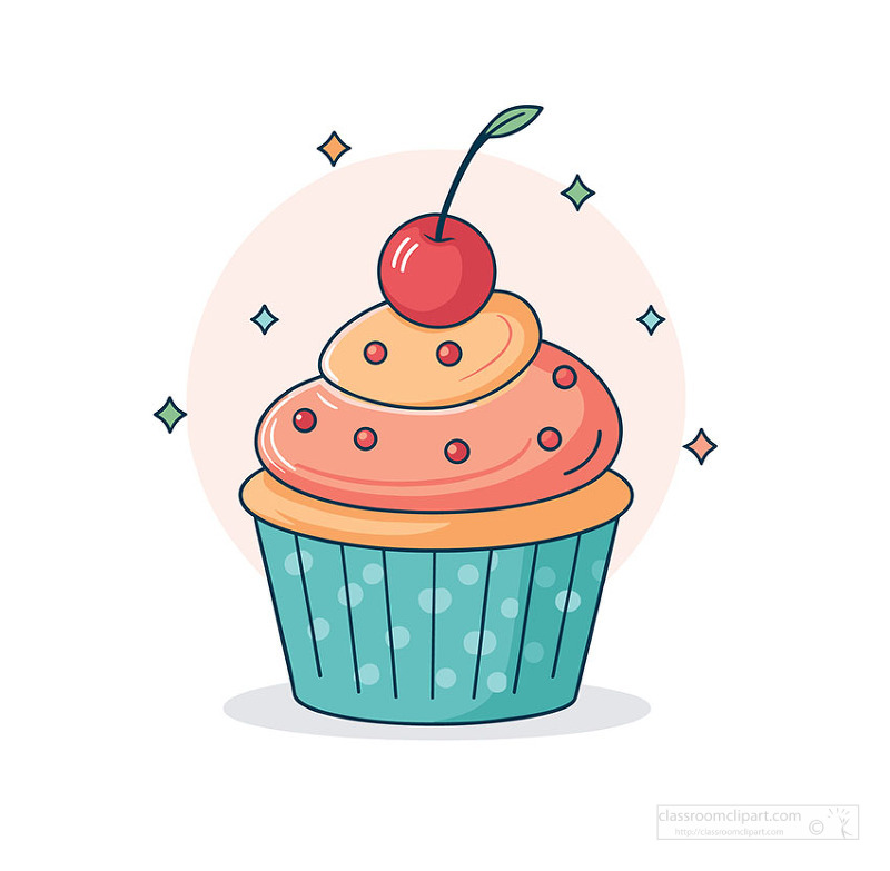 Cute cupcake with pink frosting sprinkles and cherry topping in bakery style illustration