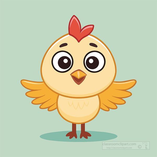 cheerful light yellow chicken spreading its wings with a red comb on a green background