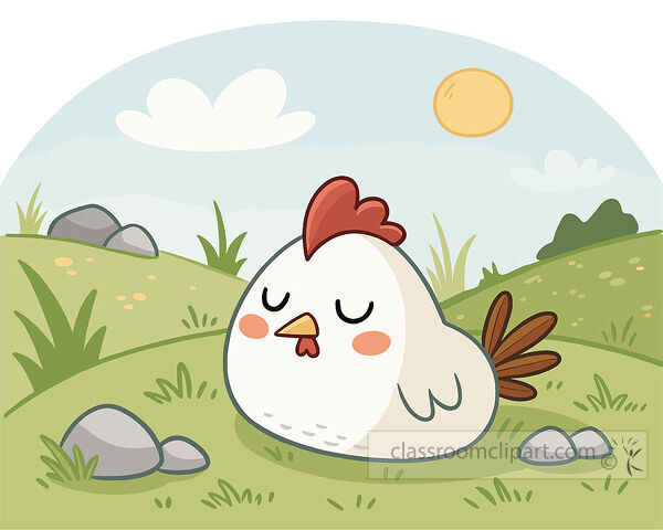 Sleeping chicken clipart resting in a sunny meadow with rocks grass hills and a round white body