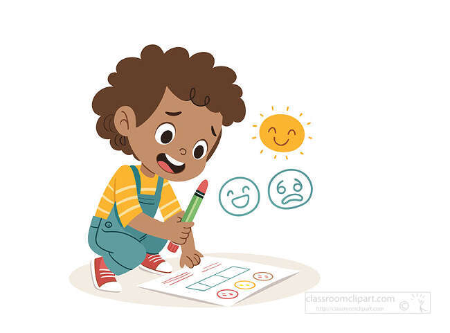Child kneeling with a crayon drawing emotion faces on paper with happy and sad face symbols nearby