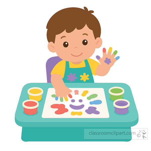 Colorful clipart of a child finger painting at a table with paint cups and a painted smiley face
