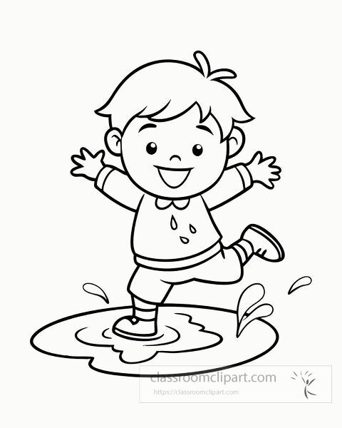 Enjoy a fun coloring activity with this happy child in puddle.