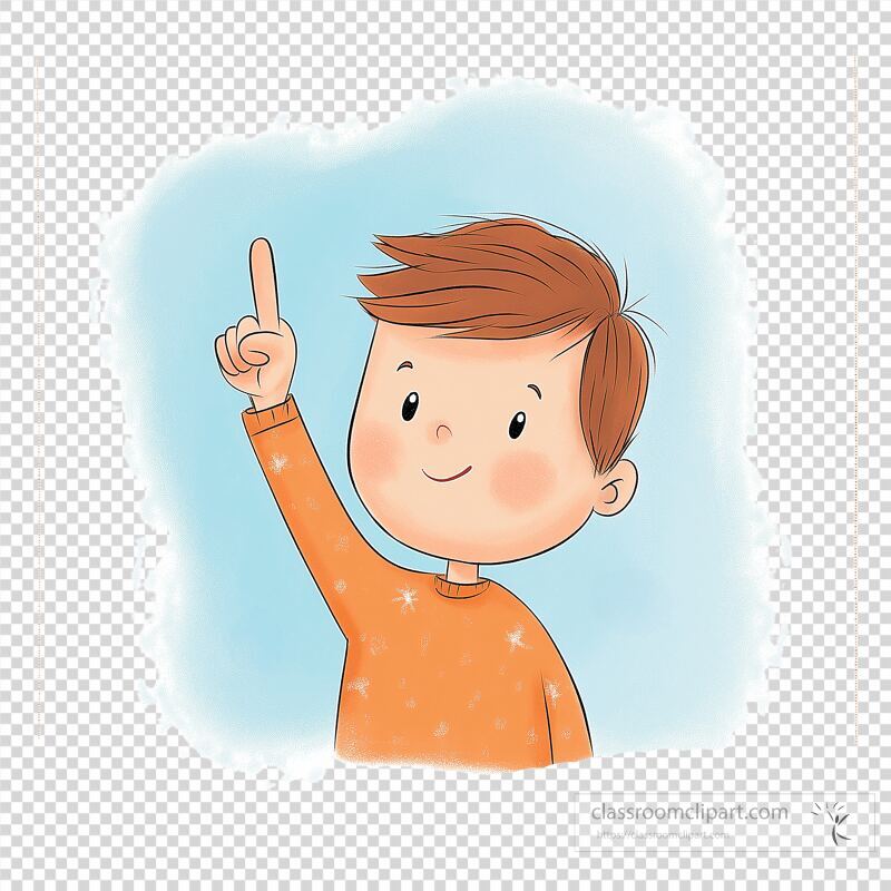 A cheerful child with brown hair is raising one finger in excitement Wearing an orange sweater, the child looks happy and engaged The background features a light blue color, enhancing the minimalistic and simple design of the illustration