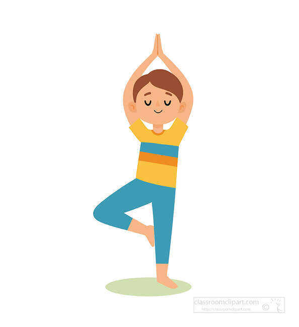 Child standing in tree pose with hands together overhead and one foot against the opposite leg