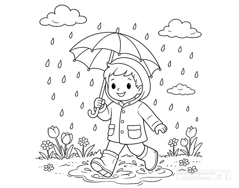 Black and white coloring page of child in raincoat walking with umbrella during spring shower
