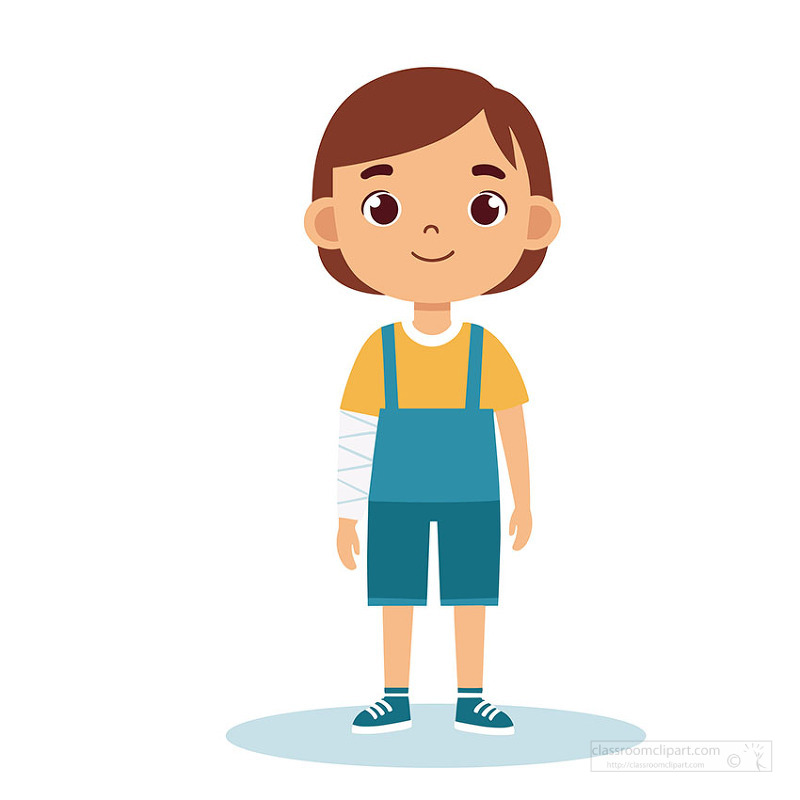 Cute child in teal overalls and sneakers stands upright showing a wrapped forearm bandage while remaining calm and cheerful.