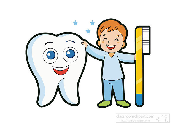 Fun dental illustration showing a smiling child with a friendly giant tooth character and oversized toothbrush ideal for pediatric dentist posters and hygiene lessons