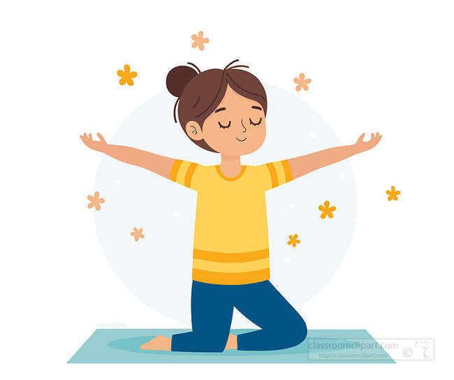 Child kneeling on a yoga mat with eyes closed arms stretched open and small flowers around them