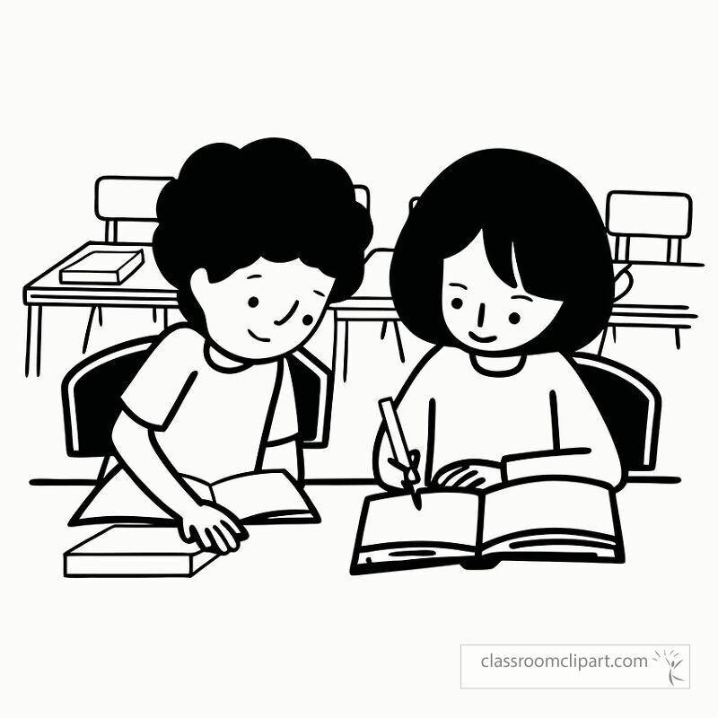 Two children are seated at a desk in a classroom One child is writing in a book while the other surveys the work with a smile Their environment is filled with desks and books