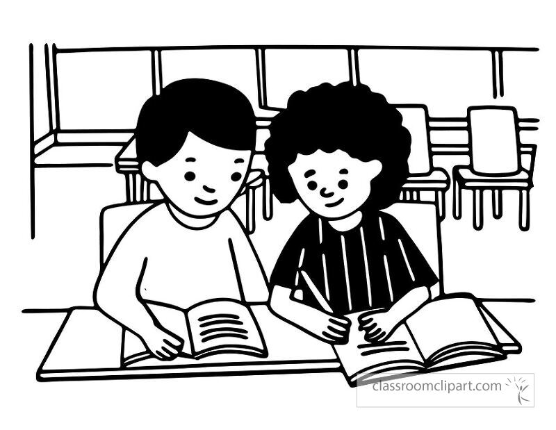 Two children are engaged in helping each other with their studies They are sitting at a table in a classroom filled with empty chairs The atmosphere is focused and supportive