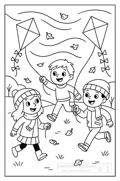 Autumn coloring page showing children flying kites with falling leaves in a breezy outdoor setting a fun seasonal activity