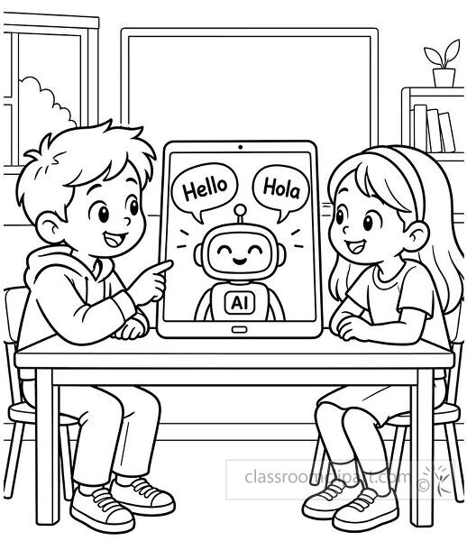 Smiling boy and girl sitting across a table with a tablet displaying a friendly AI robot and speech bubbles reading Hello and Hola