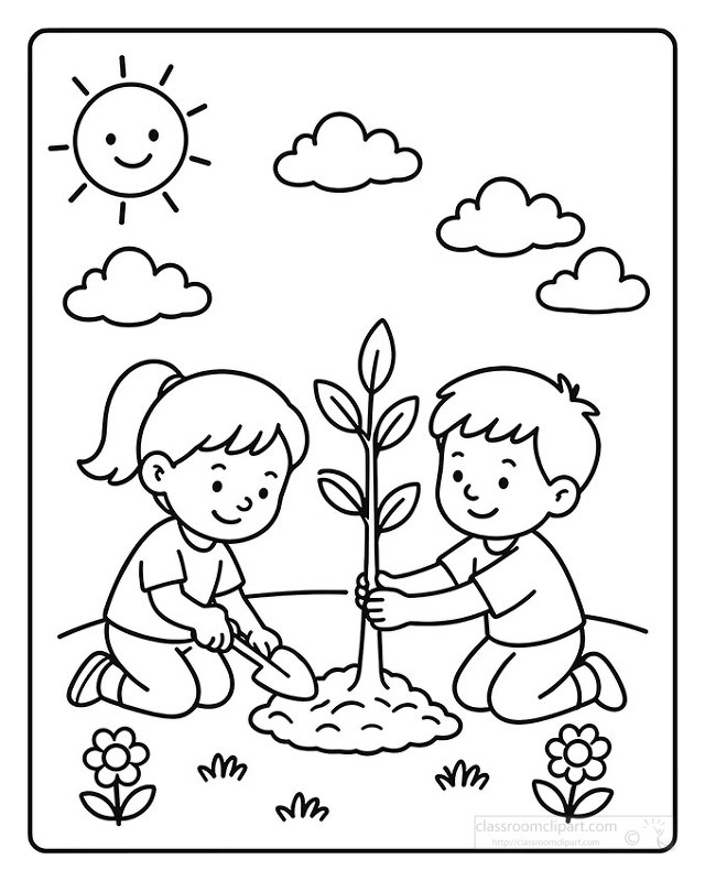 Kids planting a young tree with flowers and sun encouraging environmental responsibility and nature appreciation