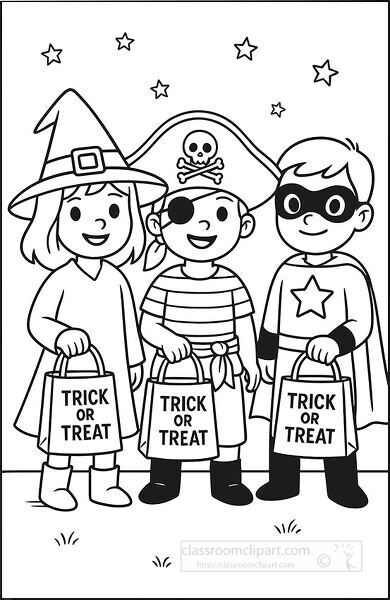 Halloween coloring page featuring children dressed as a witch pirate and superhero holding trick or treat bags under the night sky